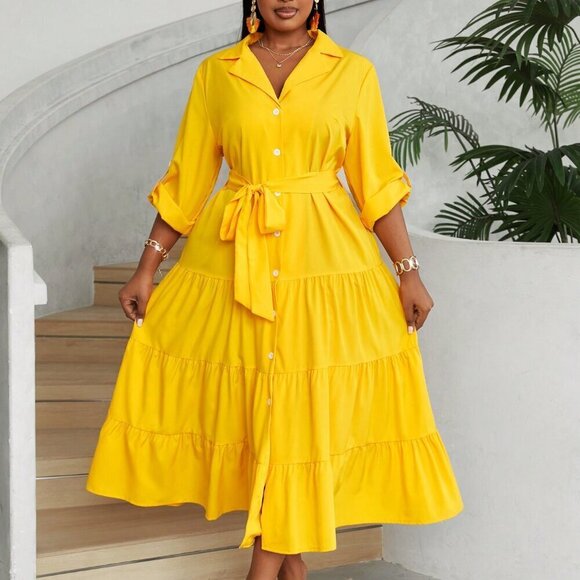 Yellow Casual Women's Plus Size V-Neck Button-Front Long Sleeve Dress - Picture 6 of 6